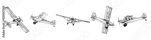 Sketches of retro airplanes in flight, realistic hand drawing, vector illustration isolated on white