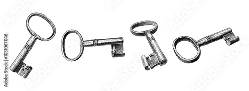 Sketches of obsolete rusty keys set, realistic  hand drawn vector illustration isolated on white