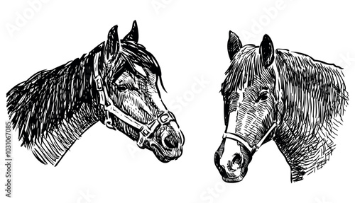 Sketches of two horse heads in harness, realistic hand drawing, vector, isolated on white