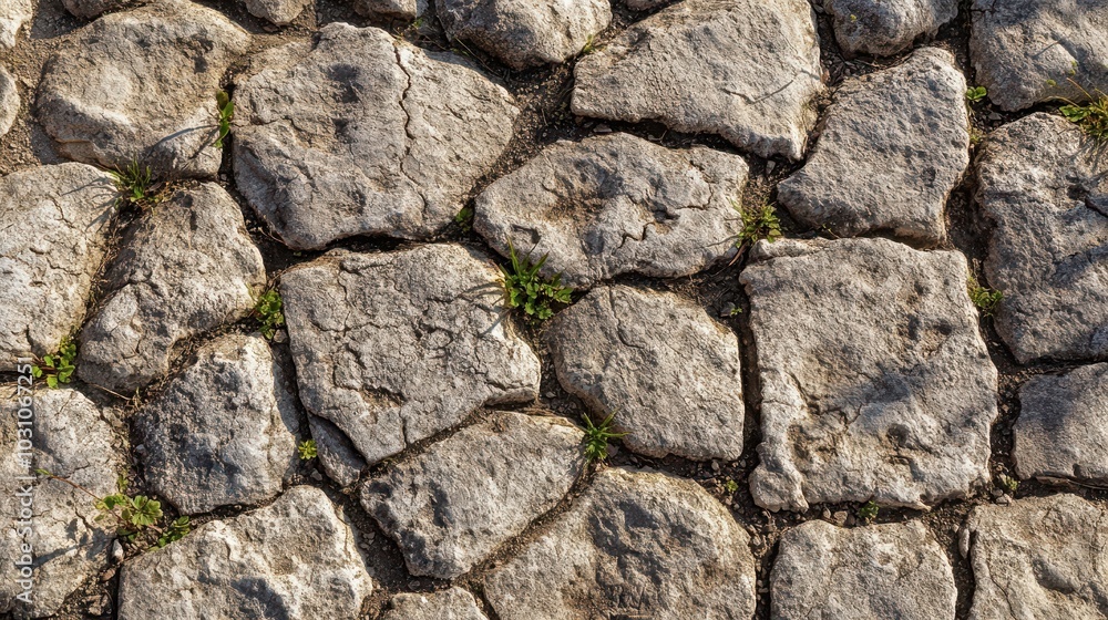 Worn Roman road stones cracked and smooth from centuries of use tiny plants growing between cracks Worn Roman road stones cracked and smooth from centuries of use tiny plants growing between cracks