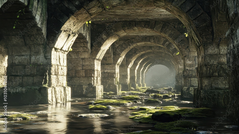 Fototapeta premium Aqueduct-like supports under Roman bridge large rough stones eroded with patches of moss sunlight reveals texture