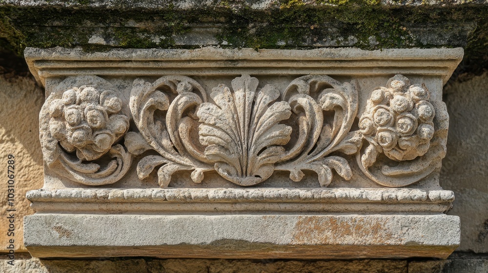 Stone carvings on Roman bridge softened by time sunlight reveals details and texture of worn surface Stone carvings on Roman bridge softened by time sunlight reveals details and texture of worn surface