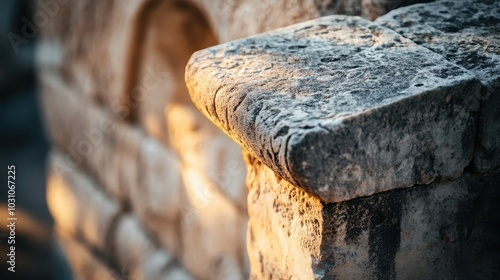 Keystone in a Roman bridge arch chisel marks visible stones tightly fitted and lit by bright daylight