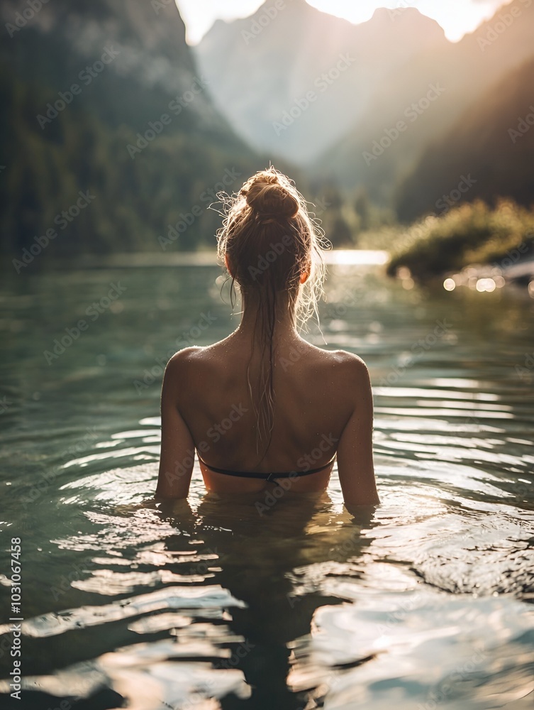 woman enters the lake, view from the back woman enters the lake, view from the back