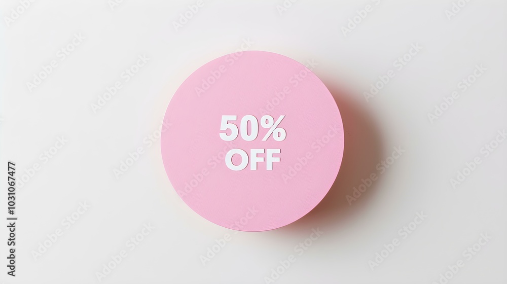 White '50% OFF' Text on a Light Pink Round Paper Note. White Background with Copy Space White '50% OFF' Text on a Light Pink Round Paper Note. White Background with Copy Space