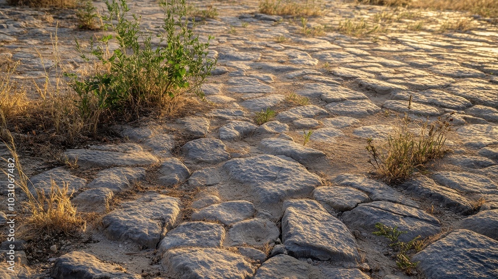 Obraz premium Roman road stones meet natural landscape plants growing along edges soft light highlighting contrast
