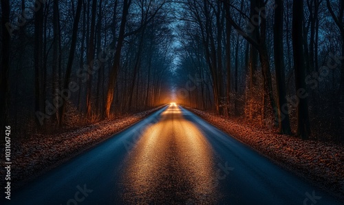 Illuminated empty road amidst bare trees in forest at night