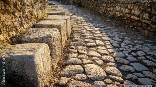 Paving stones of Roman road meet bridge worn smooth by time bright sunlight reveals weathered surface photo