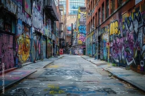 An urban alleyway covered in vibrant graffiti art showcasing a mix of colors amidst litter and puddles reflecting the city in the early morning light