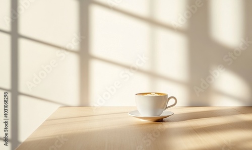 Minimalist composition of a white cup of coffee on a plain wooden table, with subtle shadows and a warm glow from natural light, evoking simplicity and calm