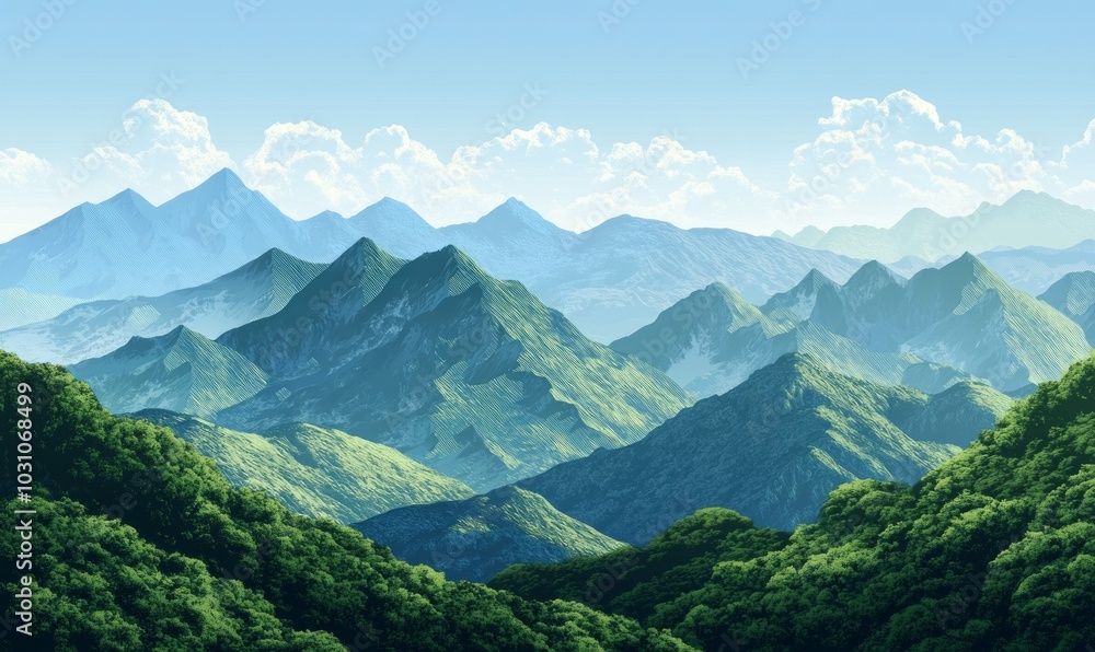 Fototapeta premium Mountainous ridges with green terrains and blue sky