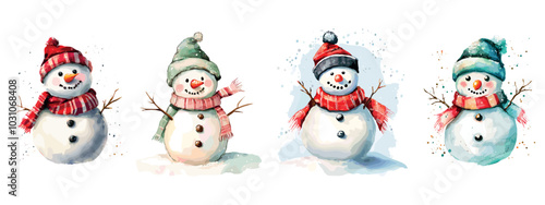 Watercolor snowmen. Cute snowman in winter hat and warm red scarf foulard, smiling snow man with tree branches hands merry christmas new year painting art set vector illustration