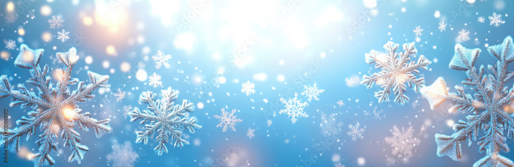 Blue christmas banner with white blurred snowflakes. Merry Christmas and Happy New Year greeting banner. Horizontal new year background, headers, posters, cards, website. Vector illustration Blue christmas banner with white blurred snowflakes. Merry Christmas and Happy New Year greeting banner. Horizontal new year background, headers, posters, cards, website. Vector illustration
