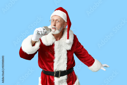 Santa claus singing into mi...