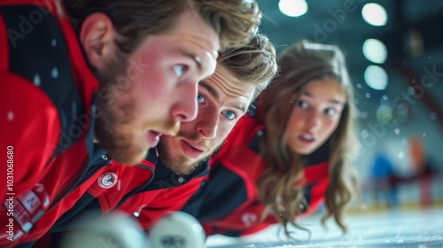 Curling team strategizing, intense focus and concentration