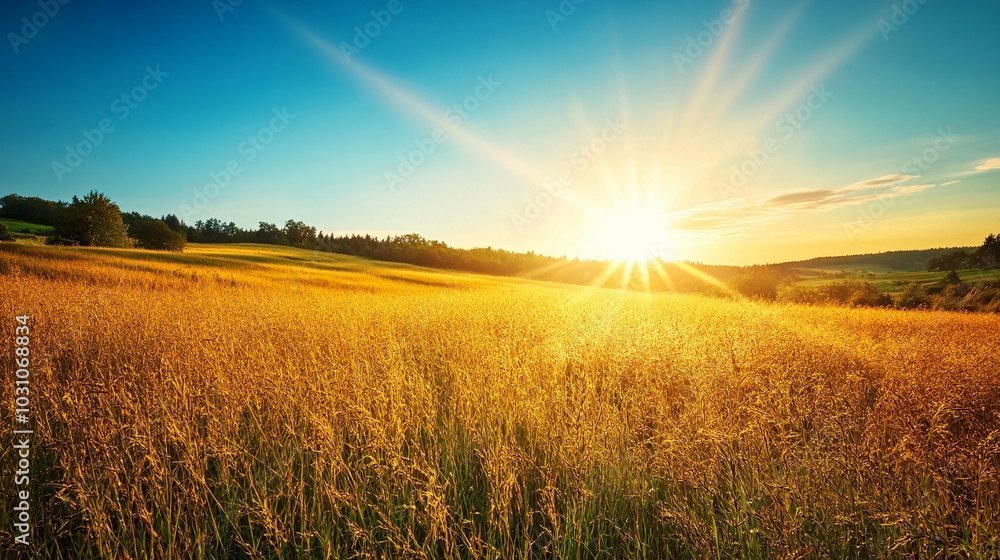 Golden Field at Sunset with Sun Rays and a Blue Sky