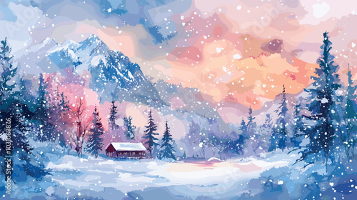 Watercolor winter house in mountains. Snowy forest scene bungalow mountain landscape painting art drawing, rural home snow village trees snowfall frost weather vector illustration