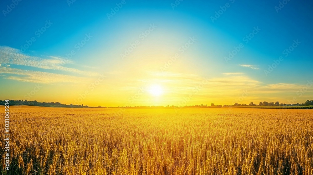 Golden Wheat Field at Sunset with Blue Sky Golden Wheat Field at Sunset with Blue Sky