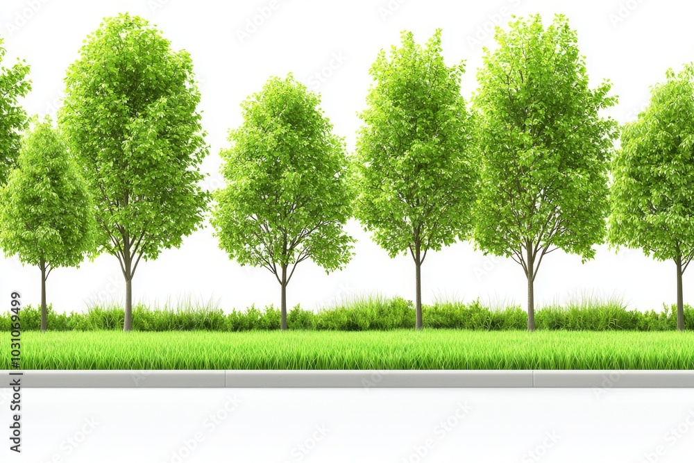 Obraz premium An isolated summer forest of trees and shrubs with green leaves on a transparent background.