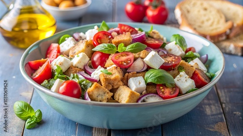 Fresh Mediterranean salad with tomatoes, cucumbers, and croutons served on a rustic wooden table