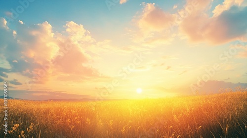 Golden Grass Field at Sunset with a Hazy Sky