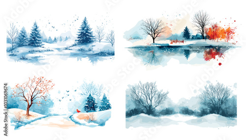 Watercolor winter scenes. Snowy forest landscapes set painting art hand drawing, snow trees and birds snowfall frost weather cold seasons abstract background vector illustration
