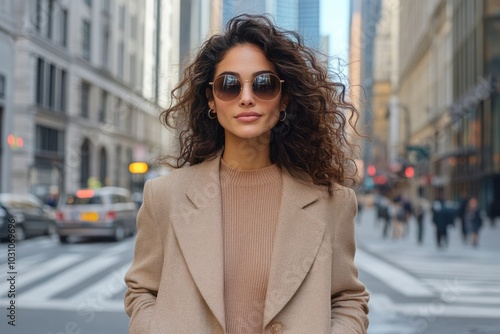 Young woman with curly hair wearing sunglasses stands confidently in a busy city street during daytime, showcasing urban fashion