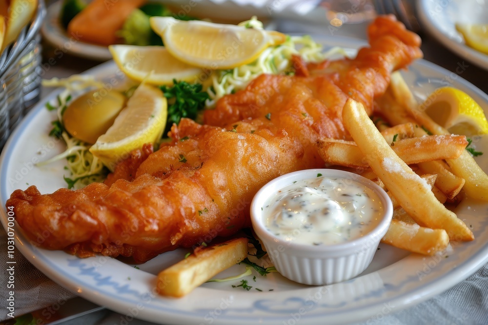 A crispy battered fish fillet served with golden fries and tartar sauce, garnished with lemon wedges on a rustic table A crispy battered fish fillet served with golden fries and tartar sauce, garnished with lemon wedges on a rustic table