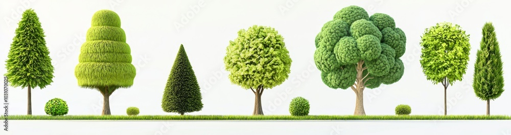 The Portuguese oak tree, Q. faginea, frontal set of streets and summer trees, medium-sized, isolated, fully cropped on a transparent background