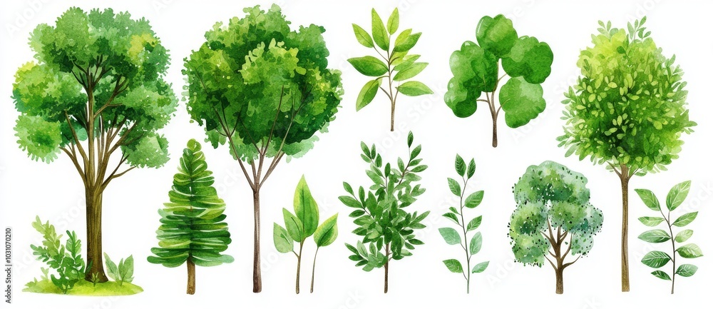 Fototapeta premium Isolated on white background, watercolor illustration of tropical green trees, shrubs, and bushes.