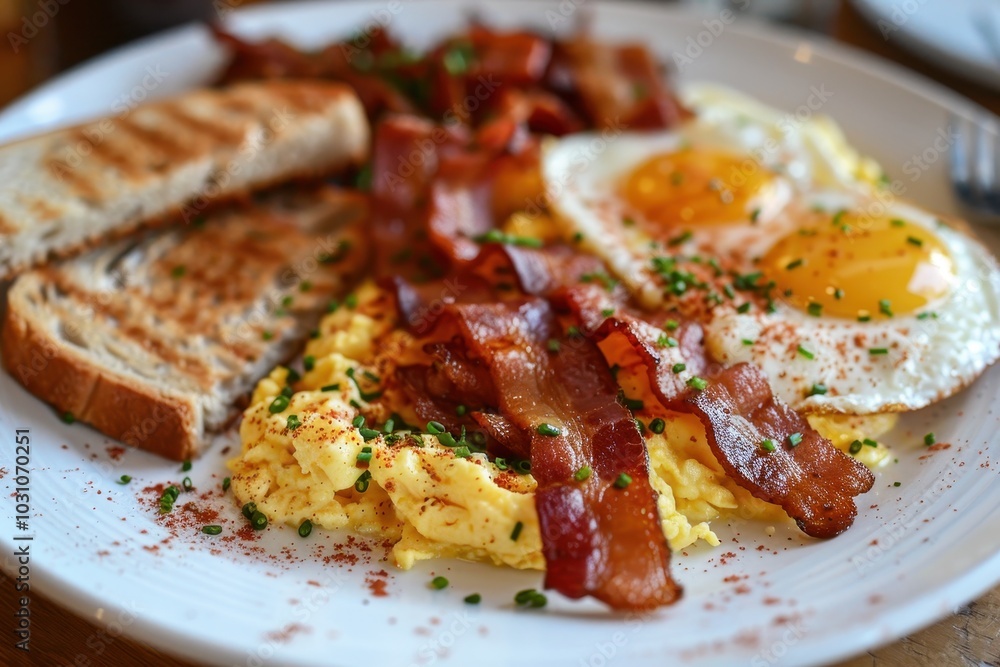 Delicious breakfast plate featuring scrambled eggs, crispy bacon, and toast served on a rustic wooden table in a cozy diner setting during morning hours Delicious breakfast plate featuring scrambled eggs, crispy bacon, and toast served on a rustic wooden table in a cozy diner setting during morning hours