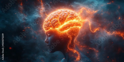 Abstract image of a brain on fire in space