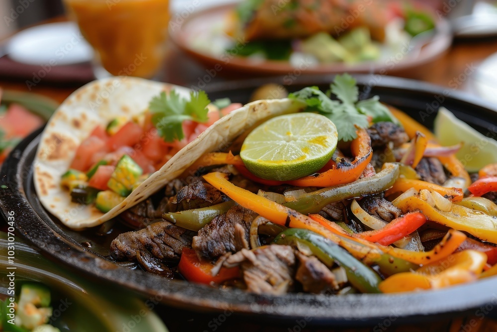 Sizzling fajitas served on a skillet with colorful bell peppers and beef accompanied by lime wedges and fresh salsa in a vibrant restaurant setting Sizzling fajitas served on a skillet with colorful bell peppers and beef accompanied by lime wedges and fresh salsa in a vibrant restaurant setting
