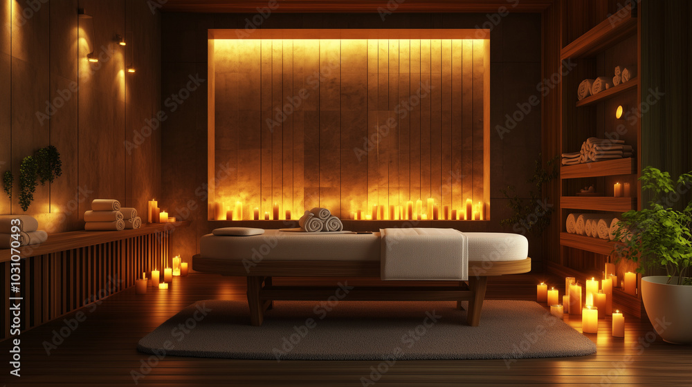 Cozy and Luxurious SPA Room with Soft Warm Lighting and Natural Decor Cozy and Luxurious SPA Room with Soft Warm Lighting and Natural Decor