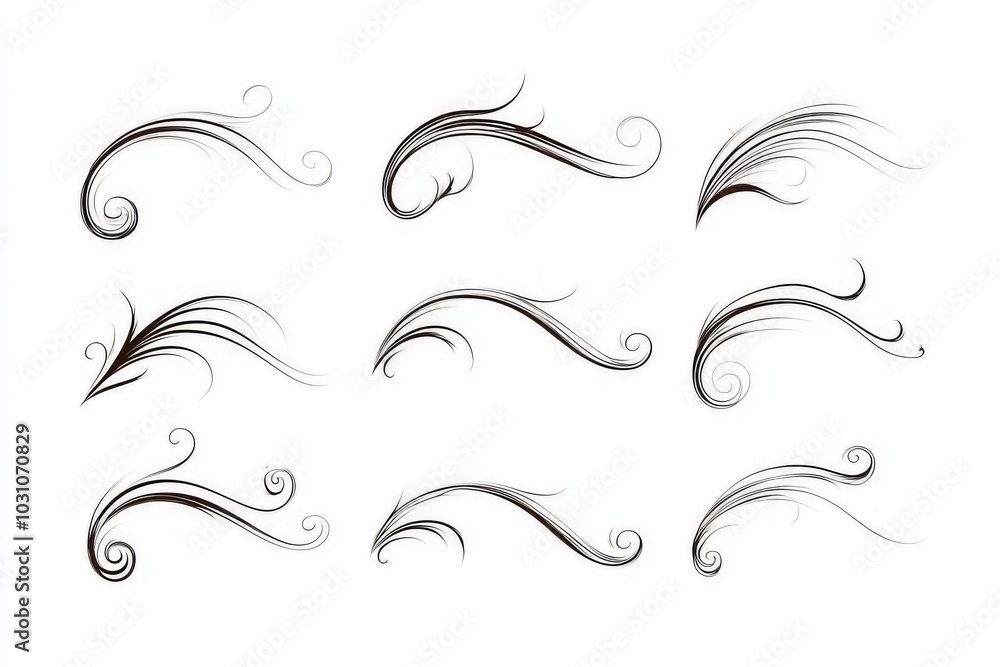 Fototapeta premium Calligraphy style Swirls, vintage Filigree Swirls, Flourishes Swirls, Text Ornaments, Curly Thin Line Swings Swashes, Text Divider, flourish Swirl ornament stroke, Scroll Design