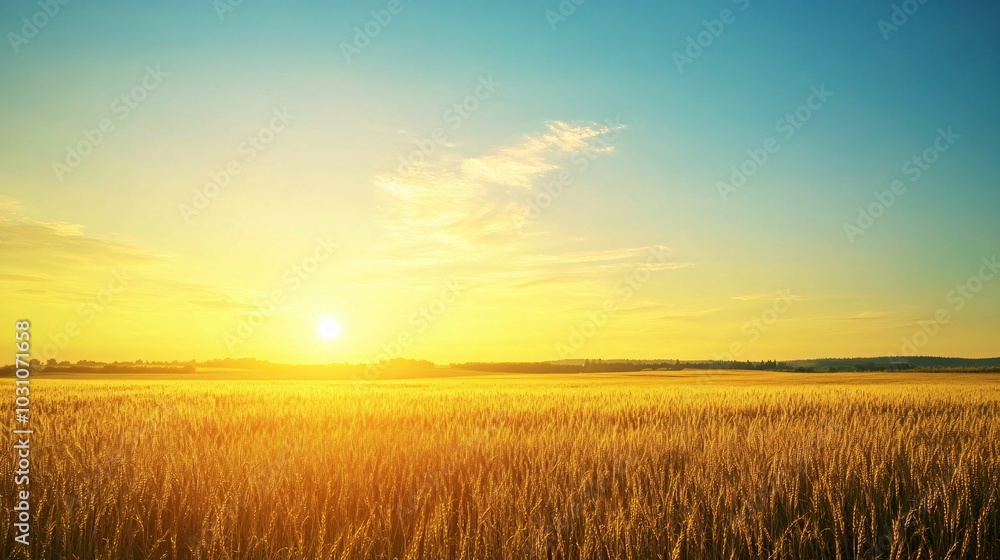 Golden Wheat Field at Sunset with a Clear Sky Golden Wheat Field at Sunset with a Clear Sky