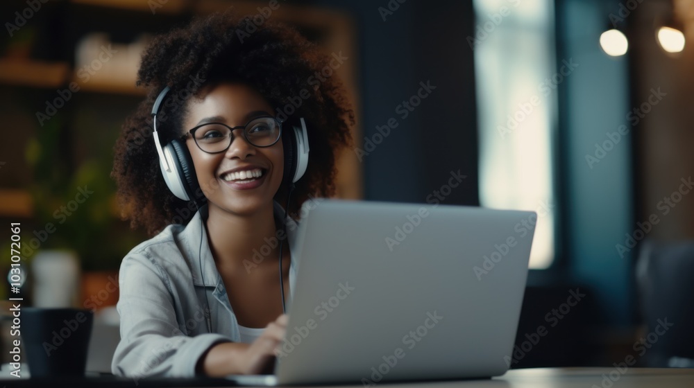 A cheerful woman enjoying remote work, smiling and wearing headphones, engaged in her task at a stylish home office space. A cheerful woman enjoying remote work, smiling and wearing headphones, engaged in her task at a stylish home office space.