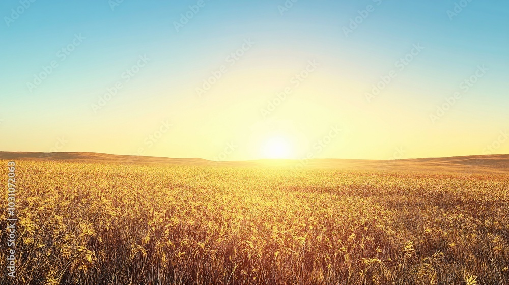 Golden Field with Sun Setting Over Horizon Golden Field with Sun Setting Over Horizon