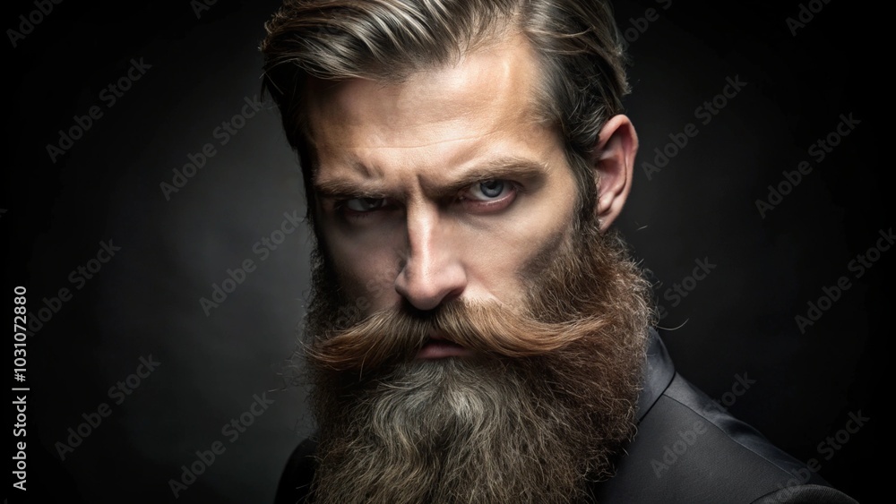 Beard care model with long beard and stern look black background
Beard care model with long beard and stern look black background