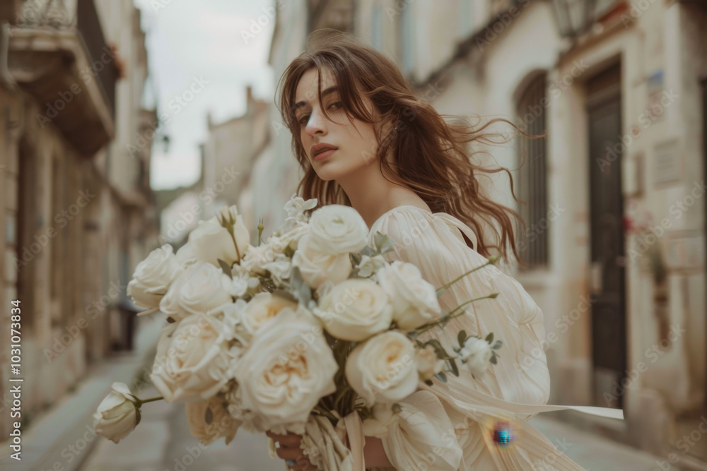 A woman holding a bouquet of white roses, standing in an elegant European street, her dress flowing as she walks. Generative AI tools A woman holding a bouquet of white roses, standing in an elegant European street, her dress flowing as she walks. Generative AI tools