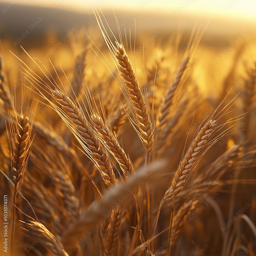 Close-up of golden wheat stalks basking in evening sun, evoking warmth and abundance of a fruitful harvest. Close-up of golden wheat stalks basking in evening sun, evoking warmth and abundance of a fruitful harvest.