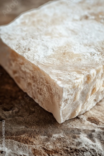 Detailed view of rough, textured surface of soapstone block on rough table.