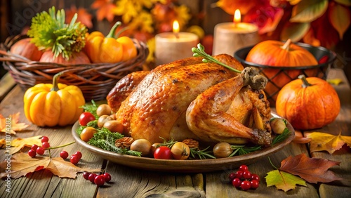 Thanksgiving turkey roasted on table with autumn decorations