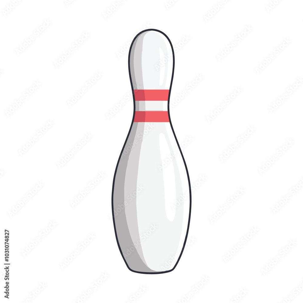 Single bowling pin with red stripes, realistic vector illustration. Ideal for sports and bowling-themed designs. Single bowling pin with red stripes, realistic vector illustration. Ideal for sports and bowling-themed designs.