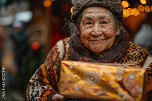 An elderly woman, wearing a cozy sweater and hat, smiles warmly as she holds a beautifully wrapped gift. The festive atmosphere is enhanced by twinkling lights in the background.