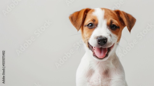 Welsh puppy giving a playful wink and panting, seated on a pristine white backdrop