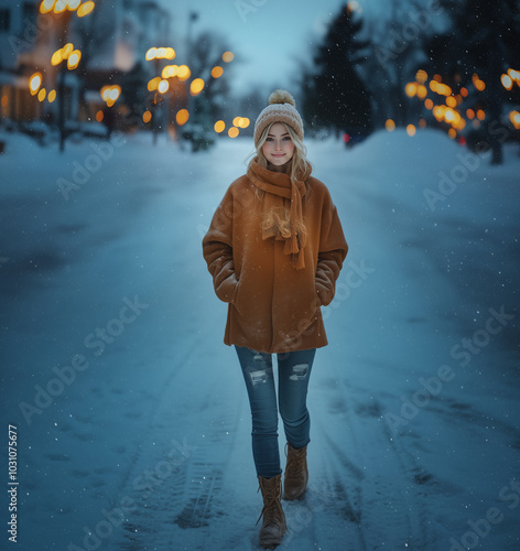 Gorgeous girl wearing winter clothes in the middle of the street with blurred christmas lights in the background while it's snowing