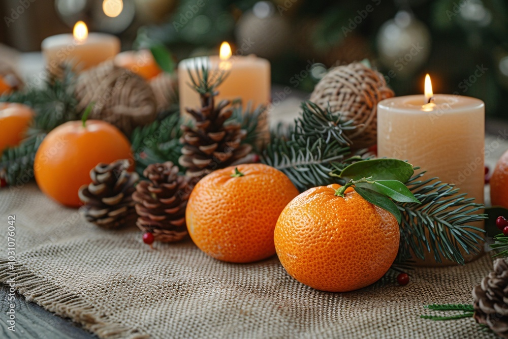 A cozy holiday table setting features vibrant oranges, glowing candles, and rustic pinecones, creating a warm and inviting atmosphere perfect for winter gatherings. A cozy holiday table setting features vibrant oranges, glowing candles, and rustic pinecones, creating a warm and inviting atmosphere perfect for winter gatherings.