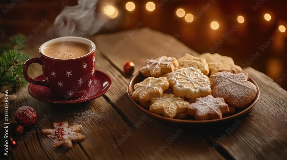 Cozy arrangement of festive Christmas cookies on a vintage table alongside a steaming cup of hot cocoa with holiday decorations Cozy arrangement of festive Christmas cookies on a vintage table alongside a steaming cup of hot cocoa with holiday decorations