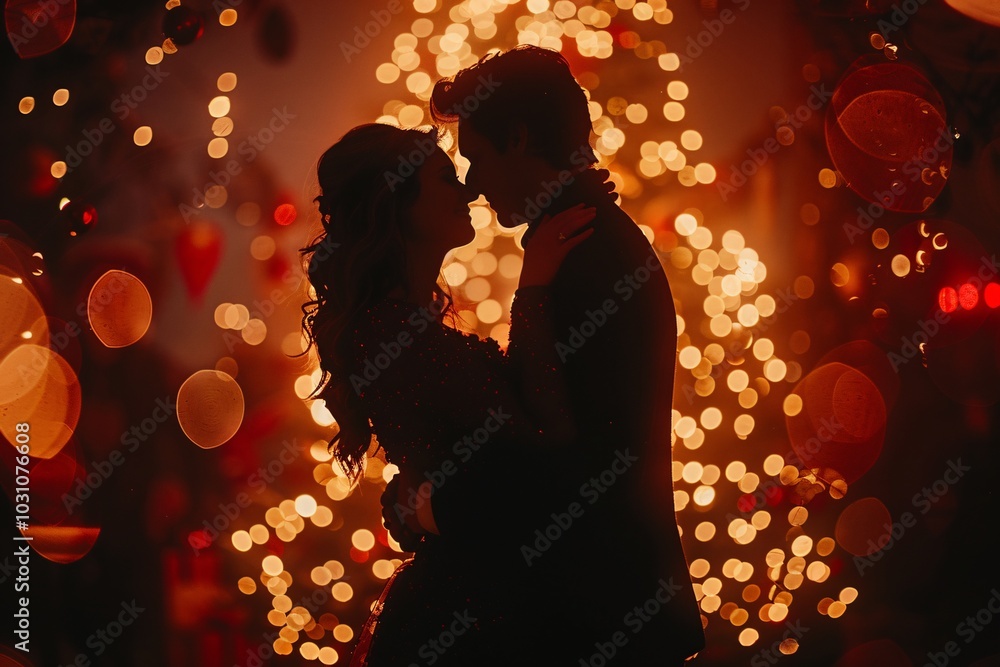 A couple stands close together, silhouetted against a beautifully lit Christmas tree, enjoying a romantic moment filled with warmth and joy during the festive season. A couple stands close together, silhouetted against a beautifully lit Christmas tree, enjoying a romantic moment filled with warmth and joy during the festive season.